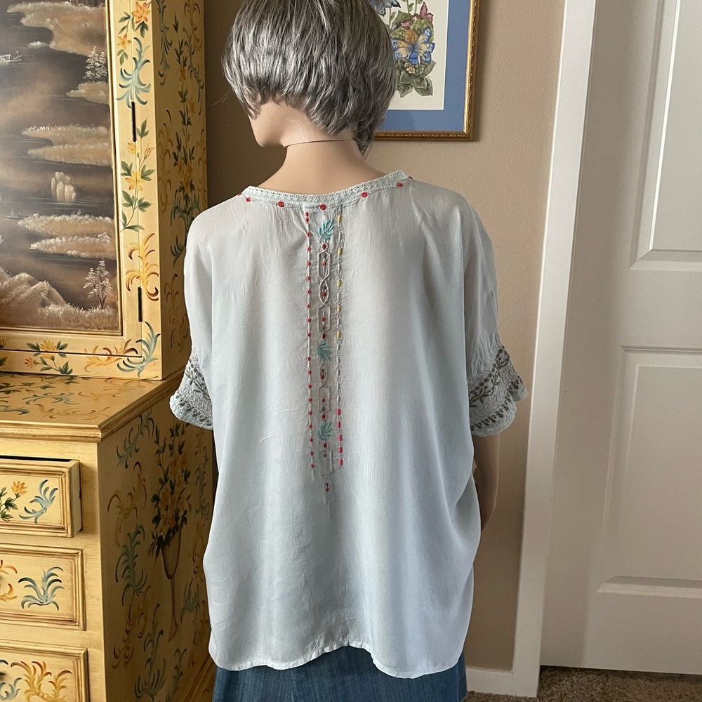 Johnny Was Pale Blue Floral Embroidered Peasant Blouse - Picture 2 of 4